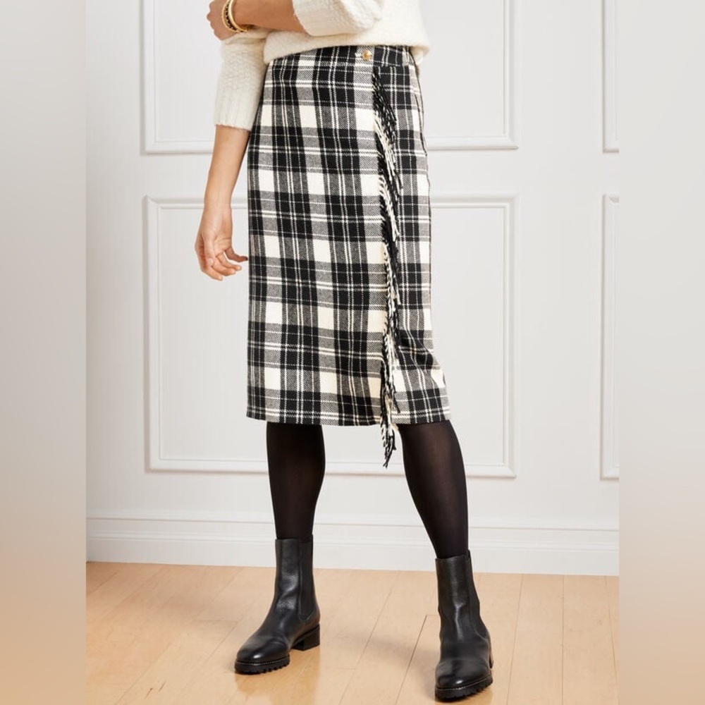 NWT Talbots Black & White Ice Plaid Tartan Wool Blend Fringe Wrap Skirt 10